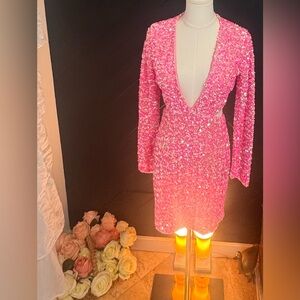 Petal & Pup Hot Pink Sequin Plunge Mini Dress